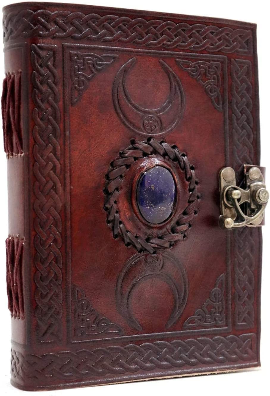 Moon Blue Lapiz Gemstone Studded Vintage Writing Handmade Leather Notebook Journal Unlined Antique Handmade Deckle Edge Vintage Paper, Leather Sketchbook, Drawing Journal, Great Gift Clasp Office Product 5x7