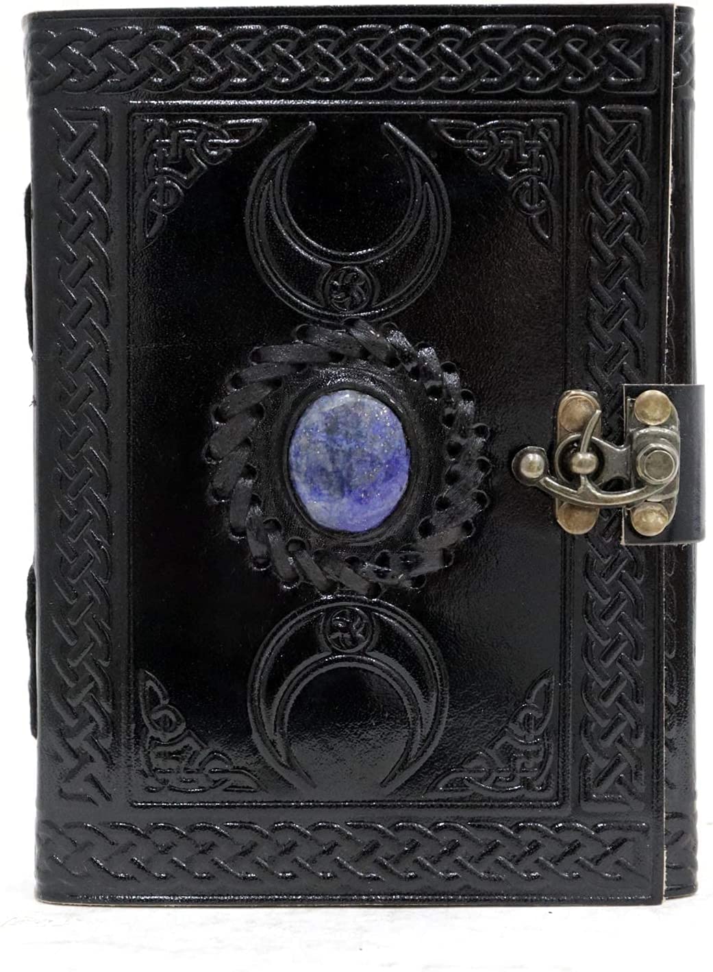 Moon Blue Lapiz Gemstone Studded Vintage Writing Handmade Leather Notebook Journal Unlined Antique Handmade Deckle Edge Vintage Paper, Leather Sketchbook, Drawing Journal, Great Gift Clasp Office Product 5x7