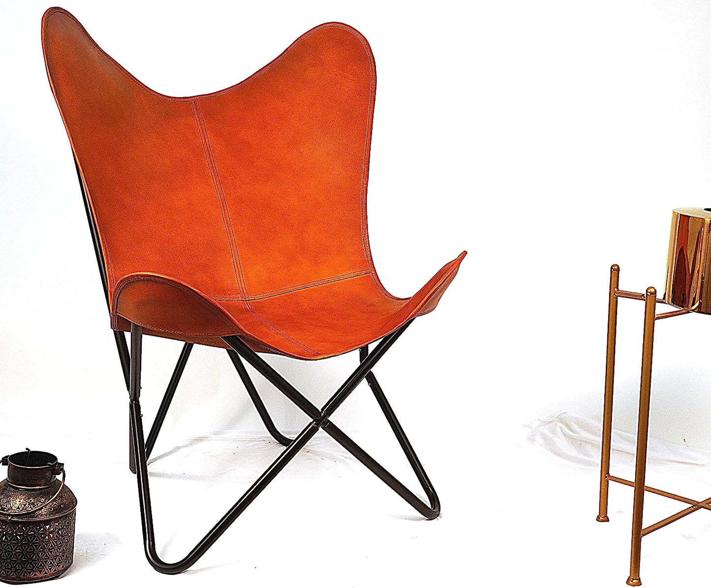 Shy Shy Let's Touch The Sky Leather Butterfly Arm Chair for Living Room Furniture - Mid Century Modern Accent Home Decor Lounge Chairs (Tan Cover with Black Folding Frame)