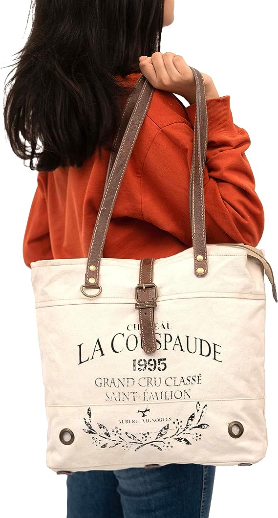Shy Shy- La Couspaude Upcycled Canvas Handbag Upcycled Canvas & Cowhide Tote Bag Radiant Upcycled Canvas & Cowhide Leather Bag(off white)