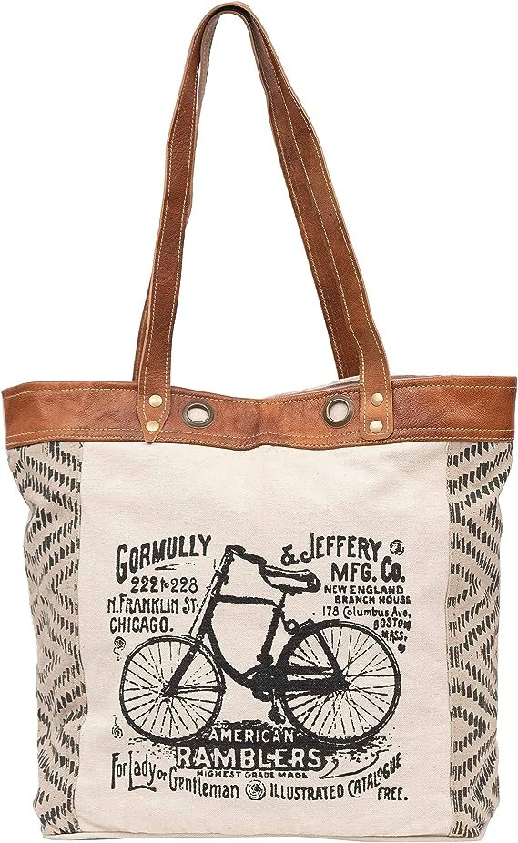 Shy Shy Let's Touch The Sky Leather Bags Bicycle Upcycled Canvas Tote Bag White Tan, Khaki, Brown