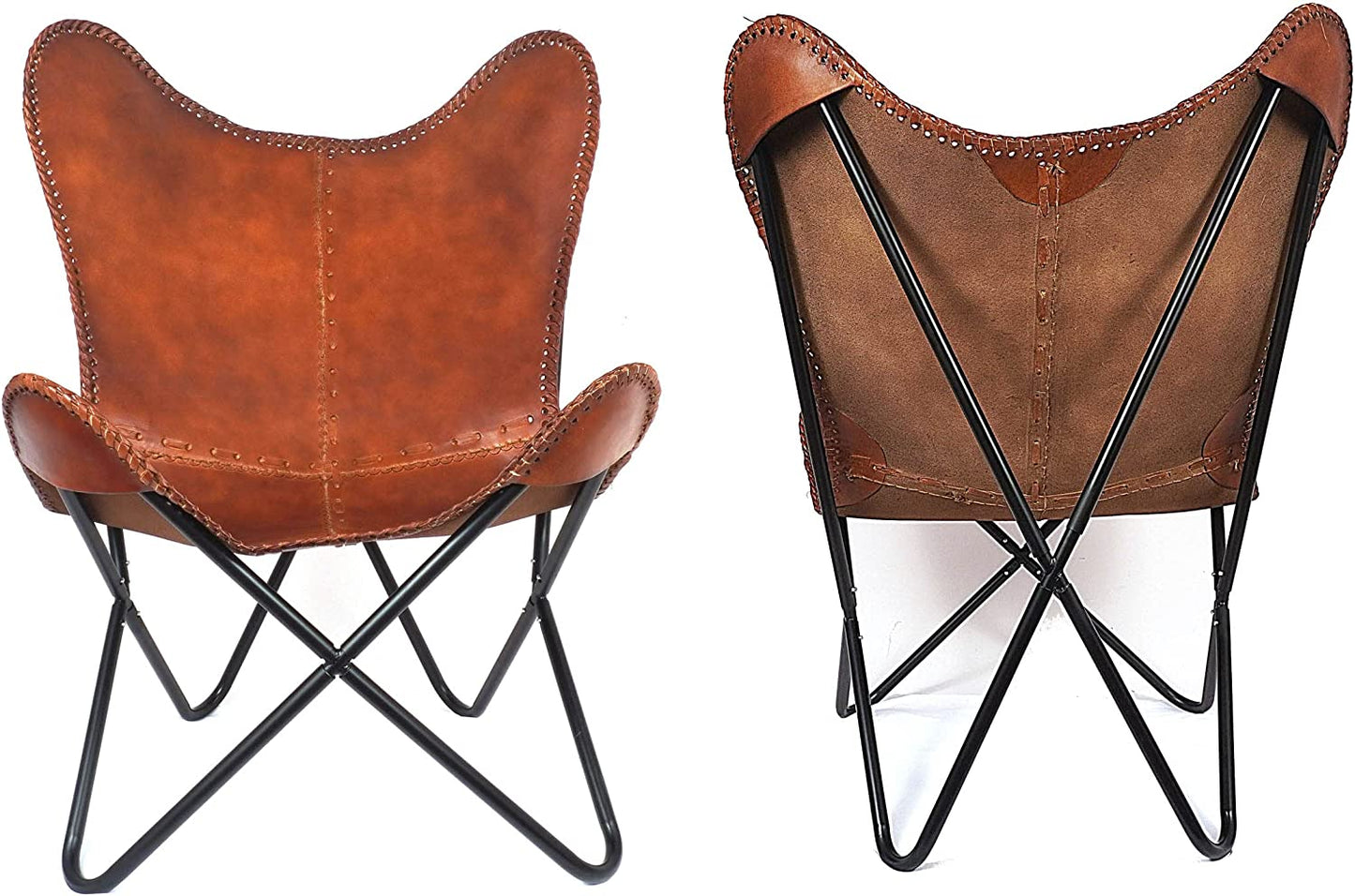 ShyShy Brown Leather Accent Chair/Side Hand Stitch Leather Butterfly Chair Boho Home Décor/Living Room Chair - Cover with Folding Frame (Black Iron Frame)