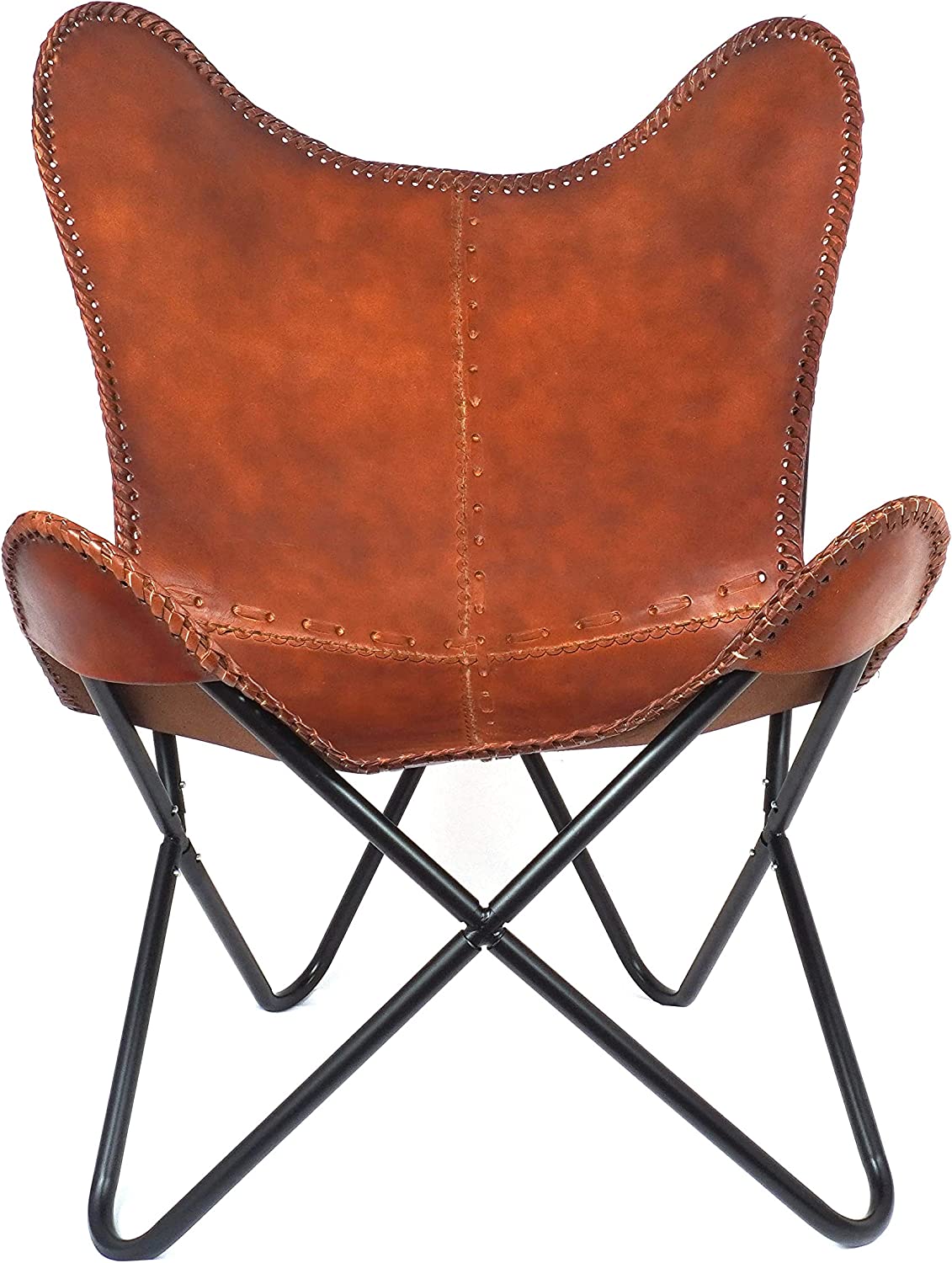 ShyShy Brown Leather Accent Chair/Side Hand Stitch Leather Butterfly Chair Boho Home Décor/Living Room Chair - Cover with Folding Frame (Black Iron Frame)