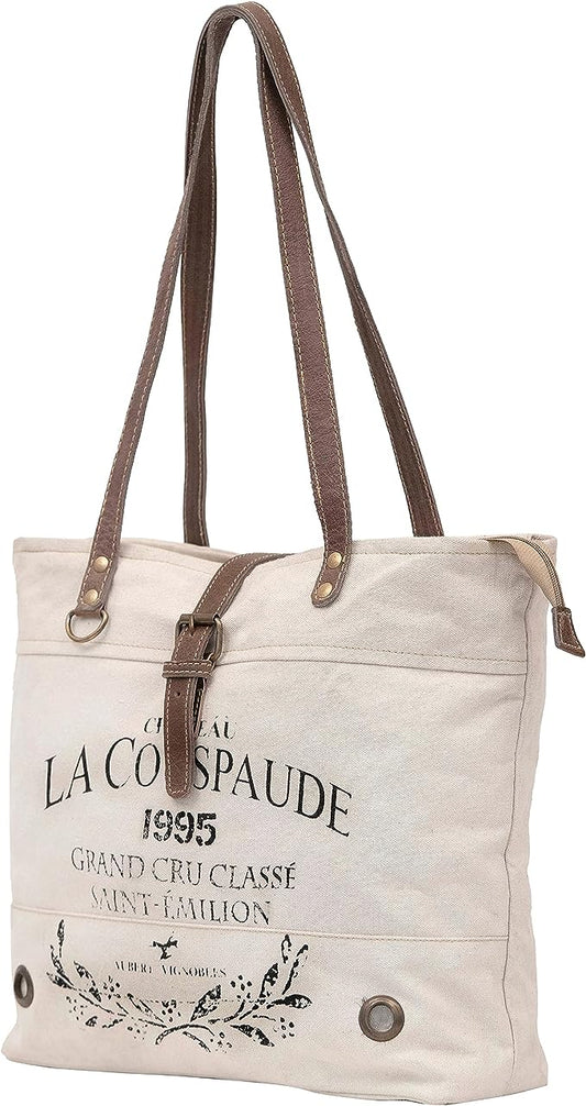 Shy Shy- La Couspaude Upcycled Canvas Handbag Upcycled Canvas & Cowhide Tote Bag Radiant Upcycled Canvas & Cowhide Leather Bag(off white)