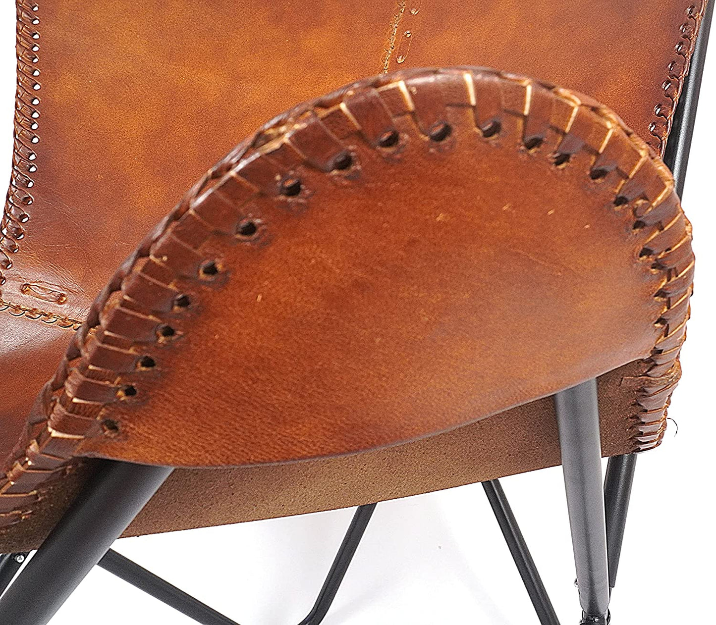 ShyShy Brown Leather Accent Chair/Side Hand Stitch Leather Butterfly Chair Boho Home Décor/Living Room Chair - Cover with Folding Frame (Black Iron Frame)