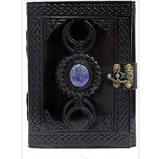 Moon Blue Lapiz Gemstone Studded Vintage Writing Handmade Leather Notebook Journal Unlined Antique Handmade Deckle Edge Vintage Paper, Leather Sketchbook, Drawing Journal, Great Gift Clasp Office Product 5x7