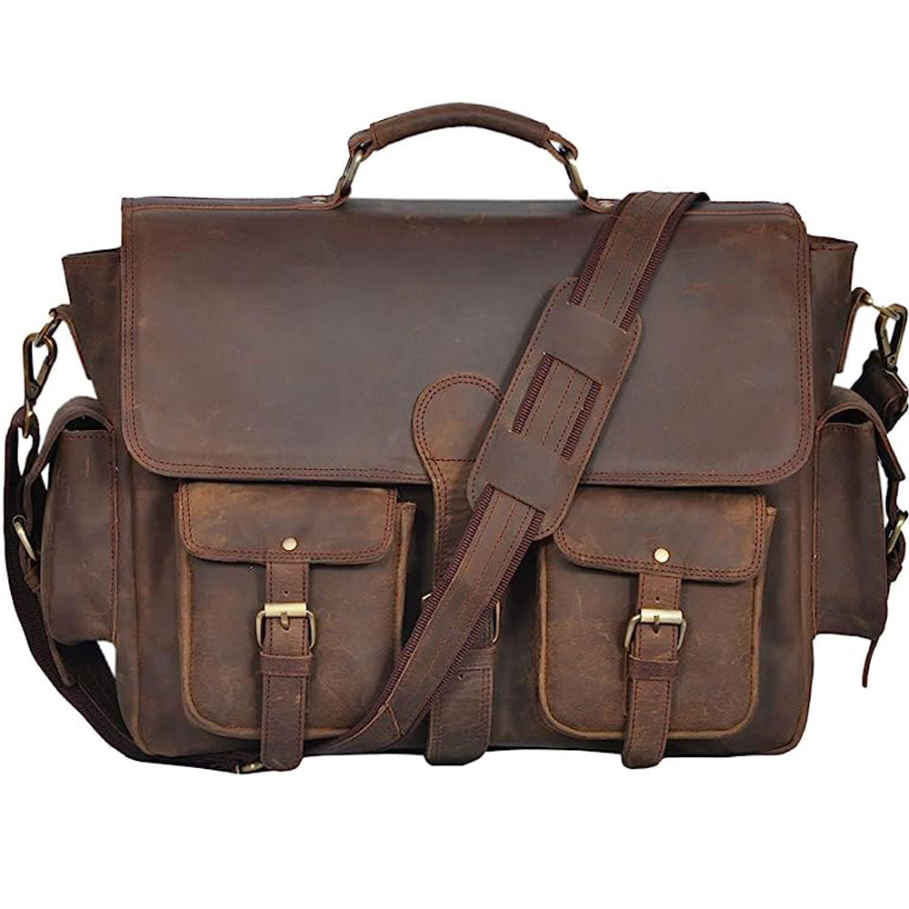 16 Inch Retro Buffalo Hunter Leather Laptop (Fits upto 15.6 Inch Laptop) Messenger Bag Office Briefcase College Bag (Dark Coffee)