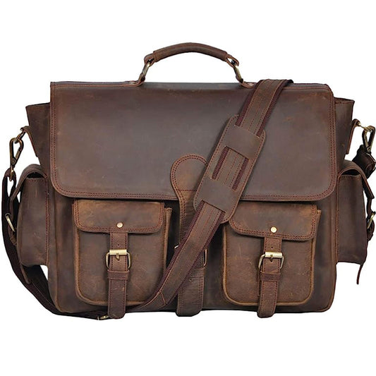 16 Inch Retro Buffalo Hunter Leather Laptop (Fits upto 15.6 Inch Laptop) Messenger Bag Office Briefcase College Bag (Dark Coffee)