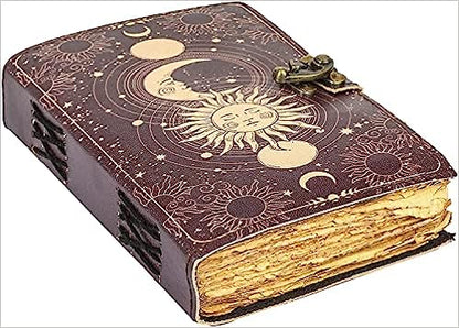 Handmade Sun & Moon Vintage Leather Journal for Men & Women 200 Pages Antique Handmade Deckle Edge Vintage Paper, Leather Sketchbook, Drawing Journal, Printed leather Journal With C Lock, Great Gift