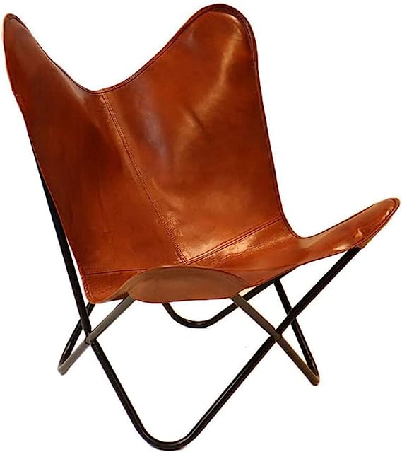 Leather Butterfly Chair Tan Leather Butterfly Chair Living Room Chair Leather Chair with Black Metal Base (Iron Frame with Tan Cover)