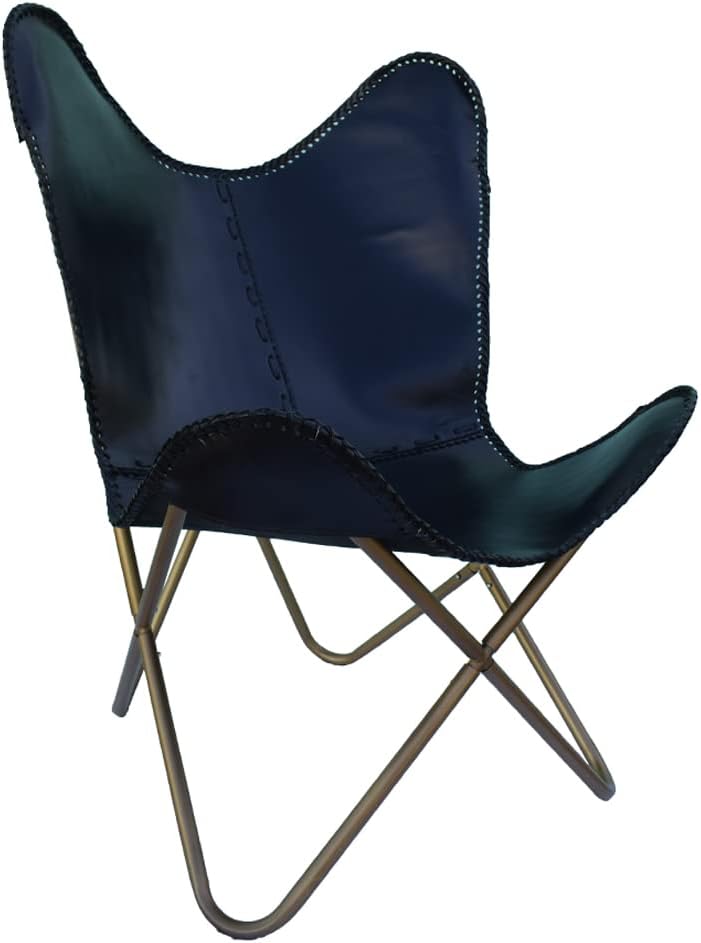 Shy Shy Let’s Touch The Sky • Leather Butterfly Arm Chair for Living Room Furniture - Mid Century Modern Accent Home Decor Lounge Chairs (Blue Cover with Golden Folding Frame)