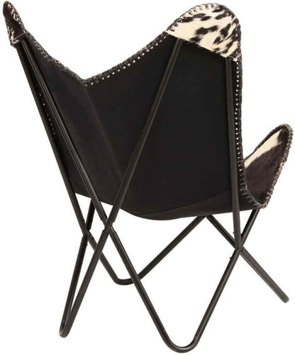 Home Decor Genuine Goat Leather Butterfly Arm Chair with Black/Brown White Hair on Cover (Black and White with Black Frame)