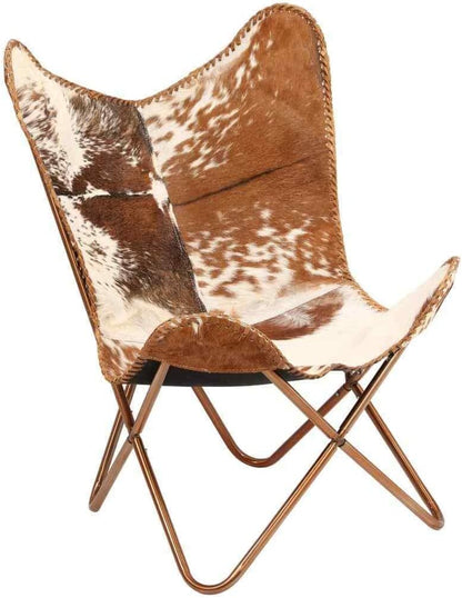 Shy Shy Let’s Touch The Sky Home Decor Genuine Goat Leather Butterfly Arm Chair with Black/Brown White Hair on Cover (White and Brown with Ross Gold)