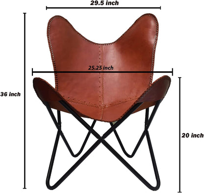 Shy Shy let's Touch The Sky Leather Butterfly Chair-Handmade with Powder Coated Folding Iron Frame (Cover with Folding Frame) (Black Frame) (TAN)