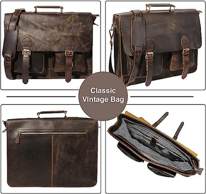 18 inch Retro Buffalo Hunter Leather Laptop Messenger Bag Office Briefcase College Bag (Rich Brown)