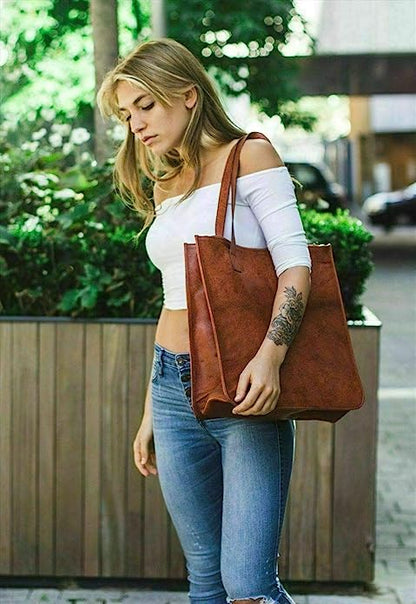 Genuine Leather Cross body Handbag for Women - Shoppers bag for Women Handmade Tote Purses Shoulder Bucket Bags Brown