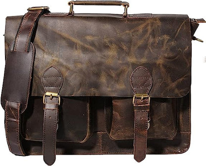 18 inch Retro Buffalo Hunter Leather Laptop Messenger Bag Office Briefcase College Bag (Rich Brown)