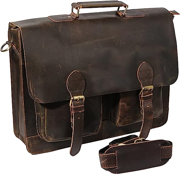 18 inch Retro Buffalo Hunter Leather Laptop Messenger Bag Office Briefcase College Bag (Rich Brown)