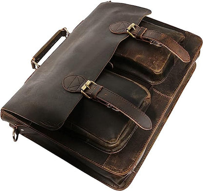 18 inch Retro Buffalo Hunter Leather Laptop Messenger Bag Office Briefcase College Bag (Rich Brown)