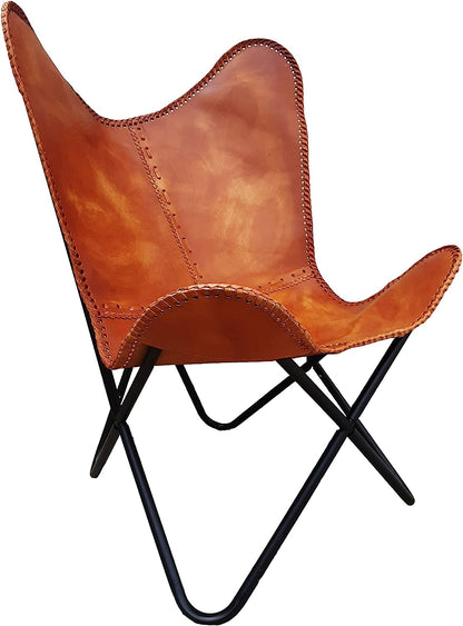 Classy Handmade Leather Living Room Chairs-Butterfly Chair Tan Side Hand Stitch Leather Butterfly Chair-Handmade with Powder Coated Folding Iron Frame (Cover with Folding Frame)