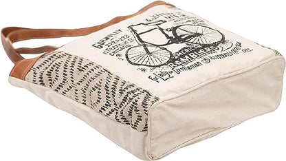 Shy Shy Let's Touch The Sky Leather Bags Bicycle Upcycled Canvas Tote Bag White Tan, Khaki, Brown