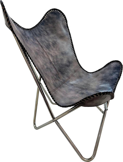 Shy Shy Let's Touch The Sky Leather Butterfly Patio Chair for Living Room Furniture - Accent Home Decor Lounge Chairs (Antique Cover with Silver Folding Frame)