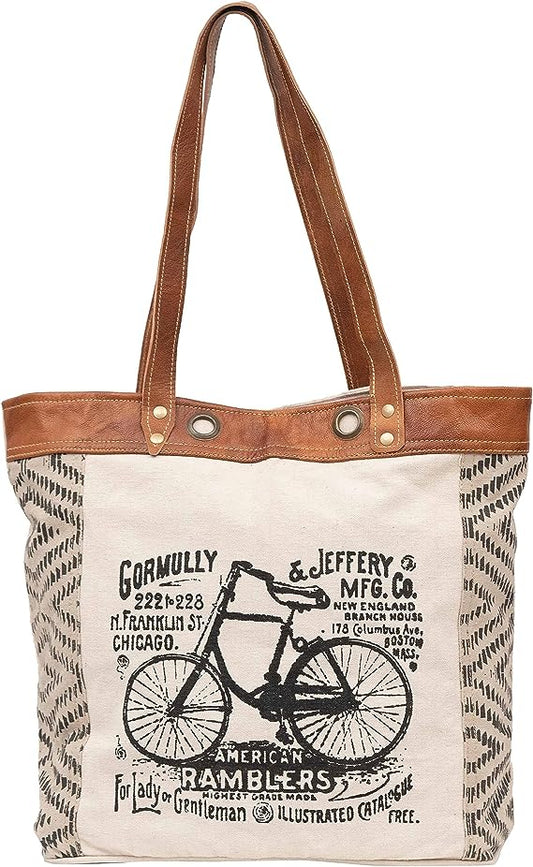 Shy Shy Let's Touch The Sky Leather Bags Bicycle Upcycled Canvas Tote Bag White Tan, Khaki, Brown