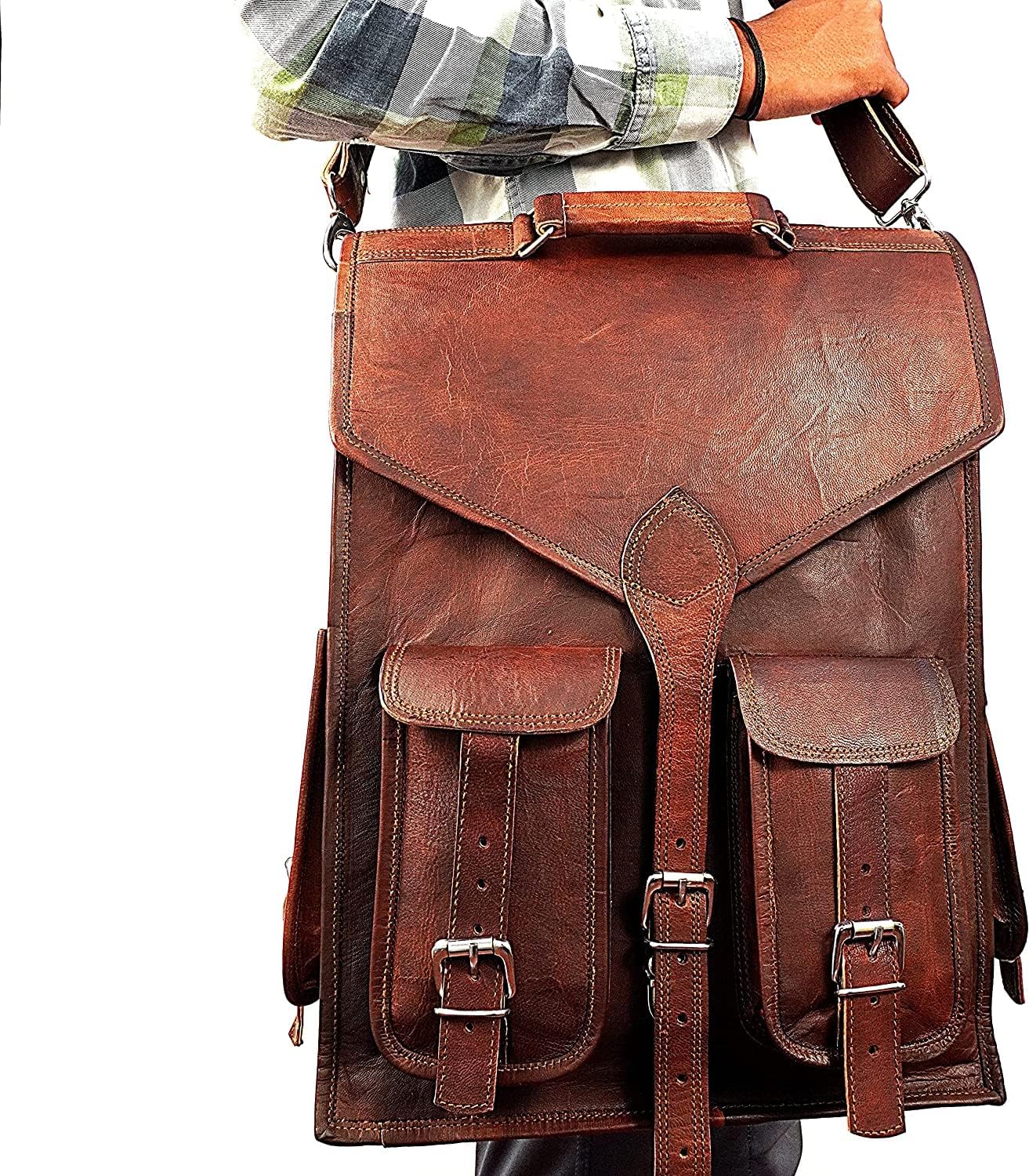 Shy Shy Let's Touch The Sky Vintage leather backpack Laptop Messenger Lightweight Rusksack Sling Bag Men Brown