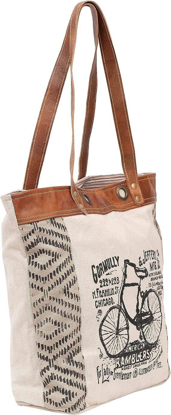 Shy Shy Let's Touch The Sky Leather Bags Bicycle Upcycled Canvas Tote Bag White Tan, Khaki, Brown