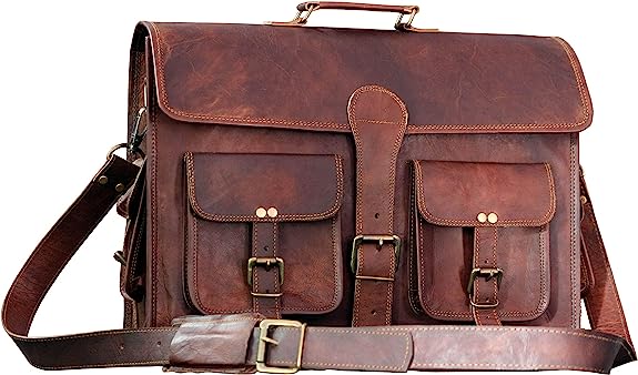 15 INCH Vintage Handmade Leather Travel Messenger Office Crossbody Bag Laptop Briefcase Computer College Satchel Bag For Men And Women