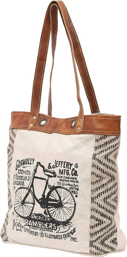 Shy Shy Let's Touch The Sky Leather Bags Bicycle Upcycled Canvas Tote Bag White Tan, Khaki, Brown