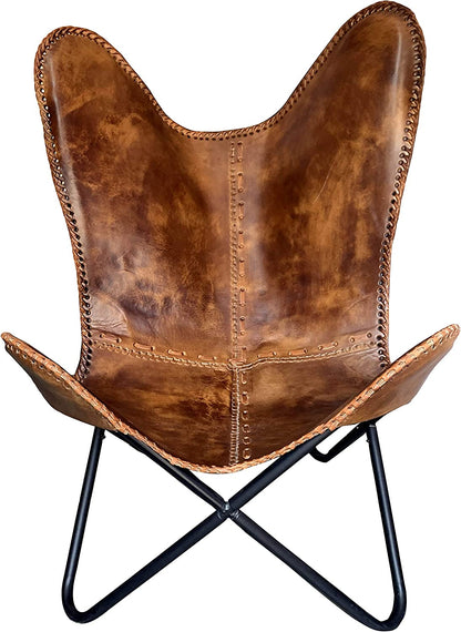 Shy Shy Brown Vintage Leather Arm Folding Chair/Genuine Antique Leather Butterfly Chair Home Décor/Handmade Chair (with Fold-able Stand) - Camping-Hiking-Chairs