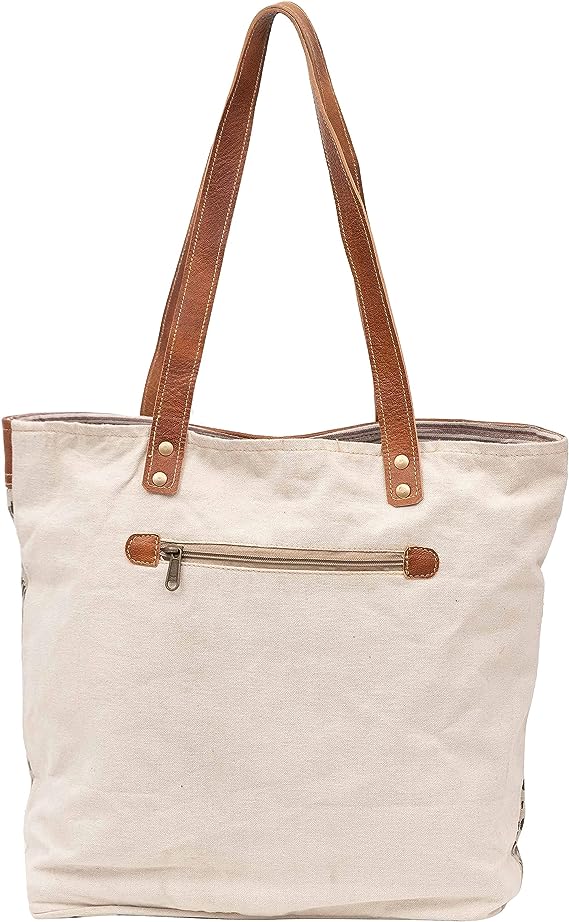 Shy Shy Let's Touch The Sky Leather Bags Bicycle Upcycled Canvas Tote Bag White Tan, Khaki, Brown