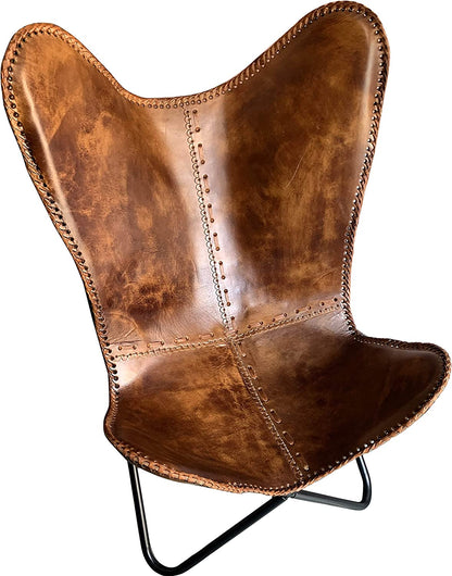 Shy Shy Brown Vintage Leather Arm Folding Chair/Genuine Antique Leather Butterfly Chair Home Décor/Handmade Chair (with Fold-able Stand) - Camping-Hiking-Chairs