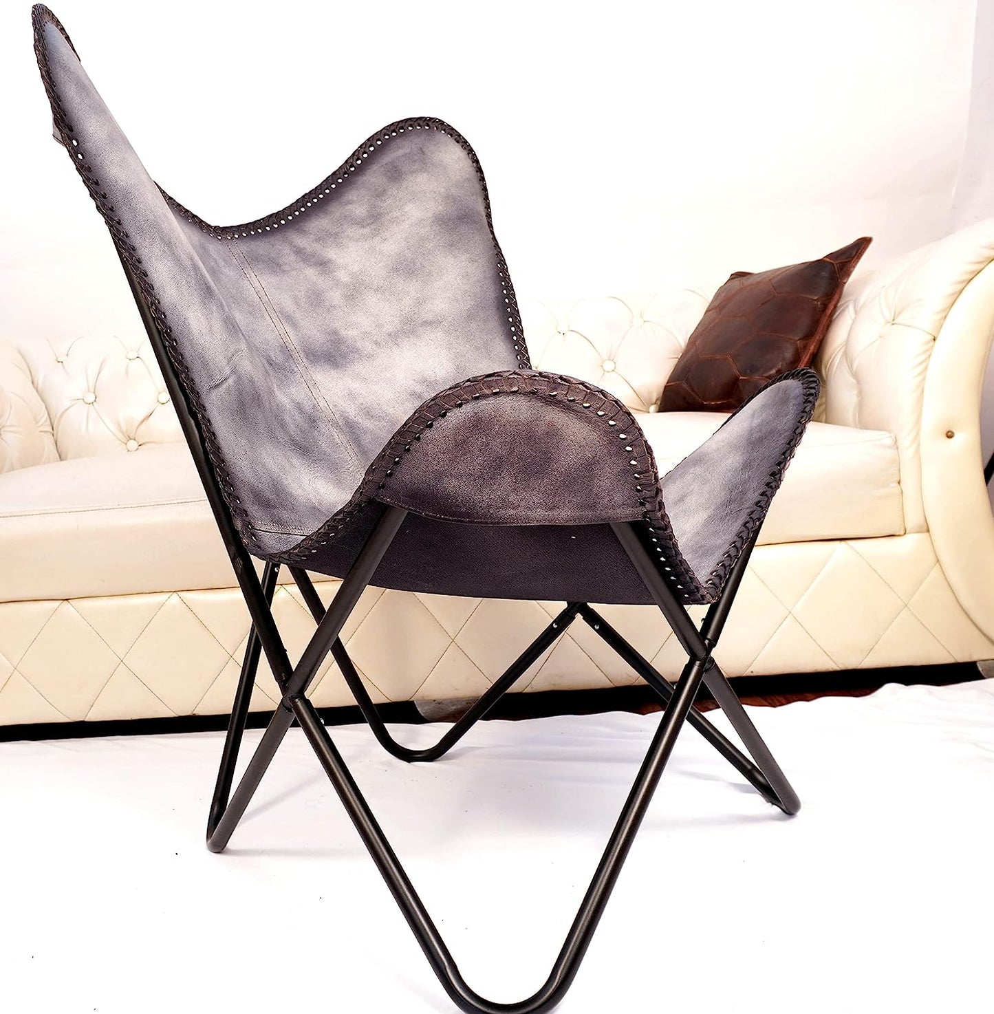 Shy Shy Let's Touch The Sky Leather Butterfly Arm Chair for Living Room Furniture - Mid Century Modern Accent Home Decor Lounge Chairs (Antique Cover with Black Folding Frame)