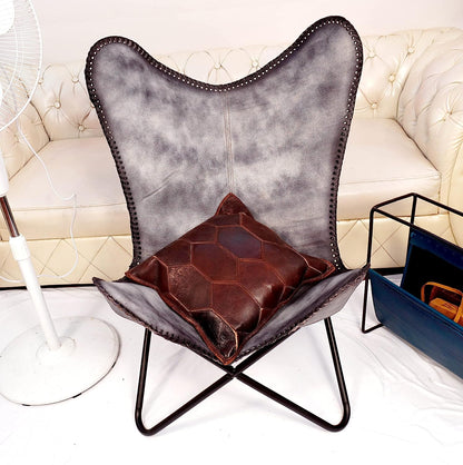 Shy Shy Let's Touch The Sky Leather Butterfly Arm Chair for Living Room Furniture - Mid Century Modern Accent Home Decor Lounge Chairs (Antique Cover with Black Folding Frame)