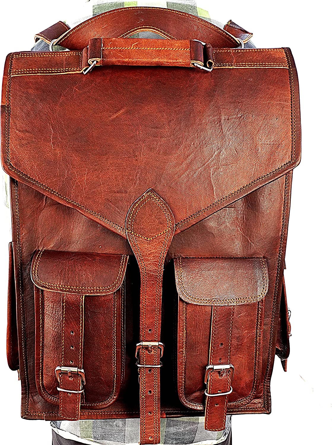 Shy Shy Let’s Touch The Sky 18" leather backpack Laptop Messenger Lightweight Rucksack Sling Bag Men (13" (W) x 18" (H)) Brown