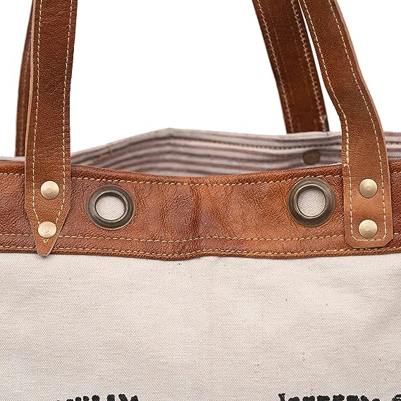 Shy Shy Let's Touch The Sky Leather Bags Bicycle Upcycled Canvas Tote Bag White Tan, Khaki, Brown