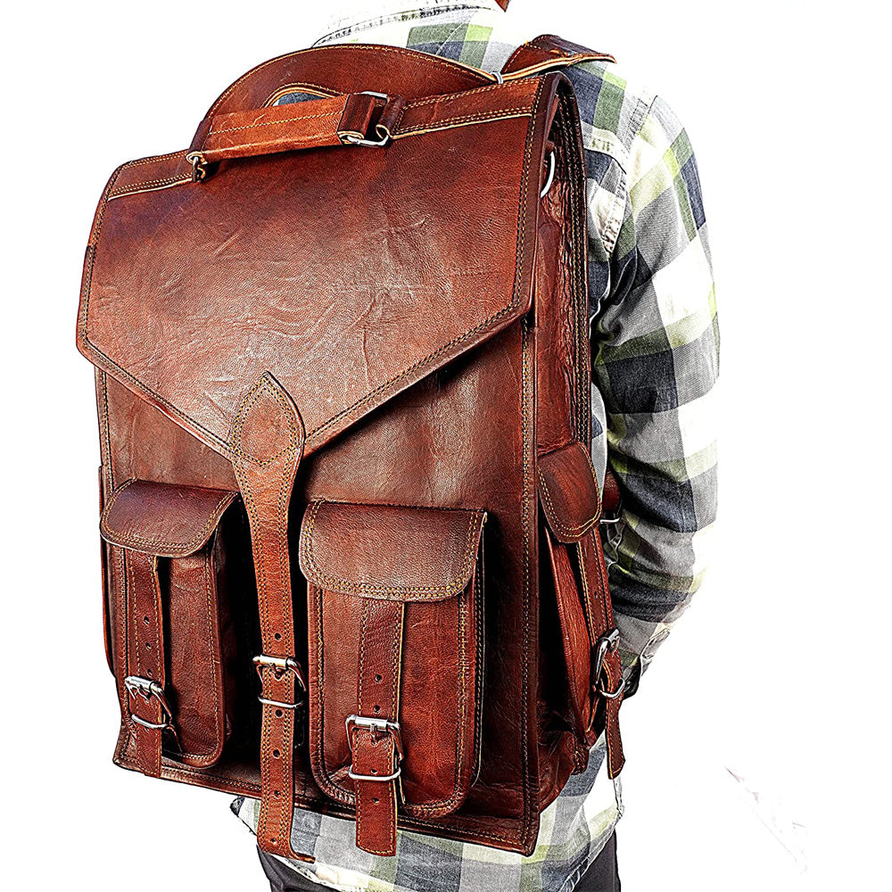 Shy Shy Let’s Touch The Sky 18" leather backpack Laptop Messenger Lightweight Rucksack Sling Bag Men (13" (W) x 18" (H)) Brown