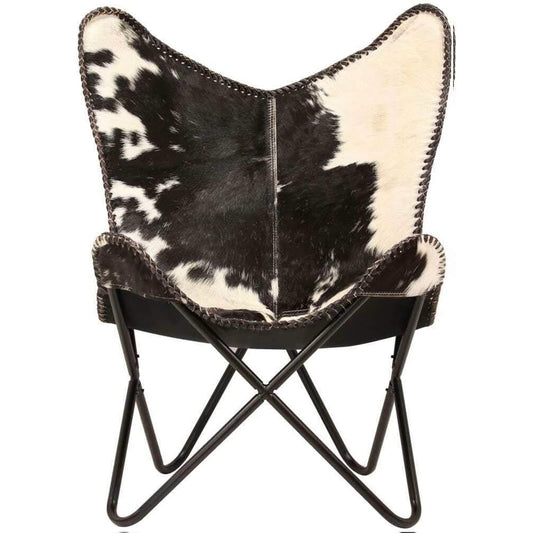 Home Decor Genuine Goat Leather Butterfly Arm Chair with Black/Brown White Hair on Cover (Black and White with Black Frame)