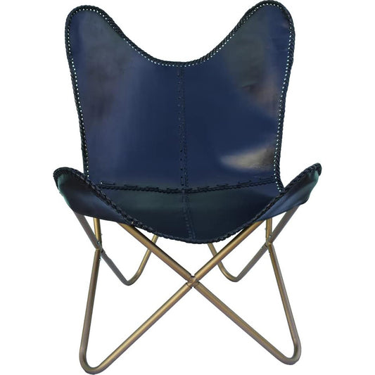 Shy Shy Let’s Touch The Sky • Leather Butterfly Arm Chair for Living Room Furniture - Mid Century Modern Accent Home Decor Lounge Chairs (Blue Cover with Golden Folding Frame)