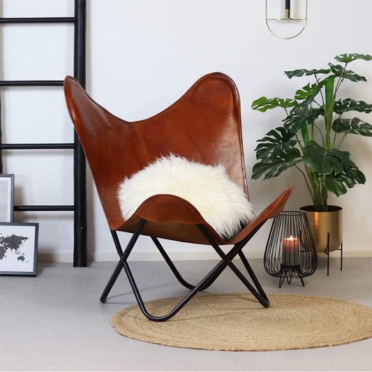 Leather Butterfly Chair Tan Leather Butterfly Chair Living Room Chair Leather Chair with Black Metal Base (Iron Frame with Tan Cover)