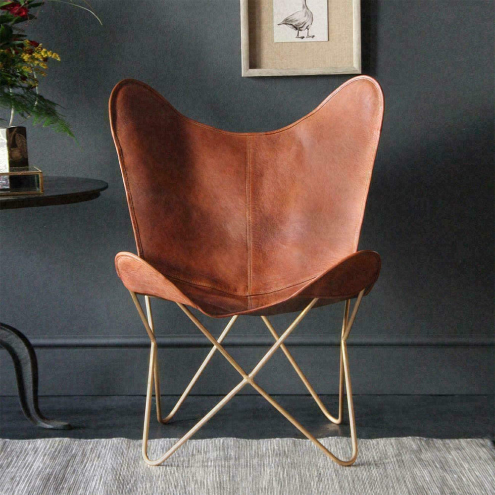 Shy Shy Let’s Touch The Sky Leather Living Room Chairs-Butterfly Chair Brown Leather Butterfly Chair-Handmade with Powder Coated Folding Iron Frame