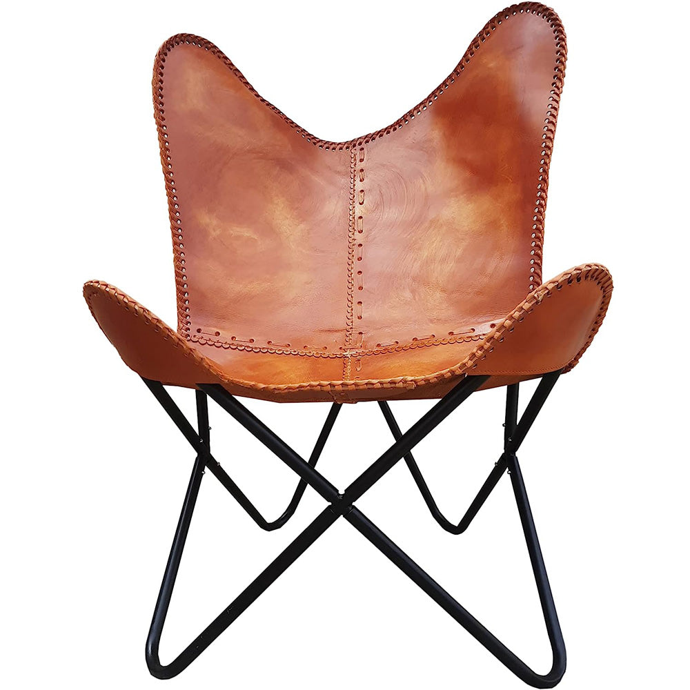 Classy Handmade Leather Living Room Chairs-Butterfly Chair Tan Side Hand Stitch Leather Butterfly Chair-Handmade with Powder Coated Folding Iron Frame (Cover with Folding Frame)