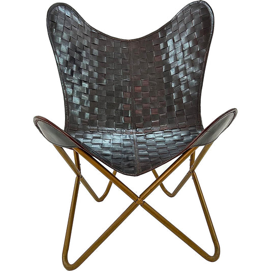 Leather Living Room Chairs-Butterfly Chair Brown Leather Butterfly Chair-Handmade with Powder Coated Folding Iron Frame (Cover with Folding Frame) (Golden Iron Frame)