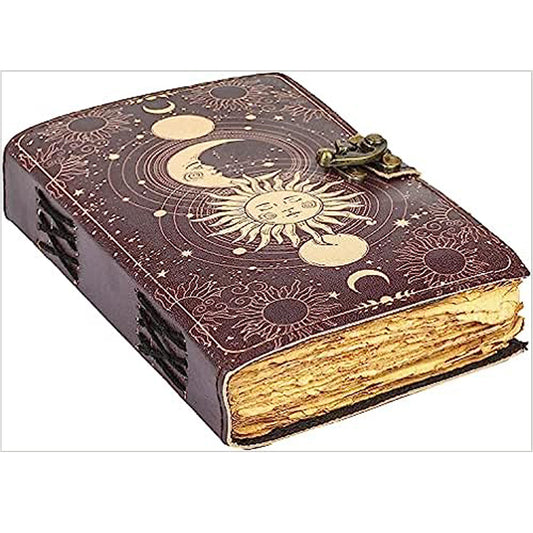 Handmade Sun & Moon Vintage Leather Journal for Men & Women 200 Pages Antique Handmade Deckle Edge Vintage Paper, Leather Sketchbook, Drawing Journal, Printed leather Journal With C Lock, Great Gift