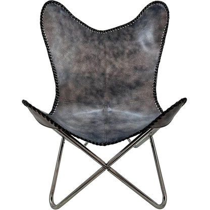 Shy Shy Let's Touch The Sky Leather Butterfly Patio Chair for Living Room Furniture - Accent Home Decor Lounge Chairs (Antique Cover with Silver Folding Frame)
