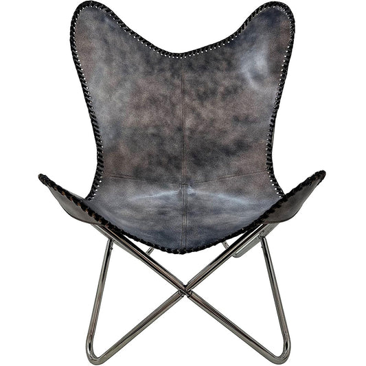 Shy Shy Let's Touch The Sky Leather Butterfly Patio Chair for Living Room Furniture - Accent Home Decor Lounge Chairs (Antique Cover with Silver Folding Frame)