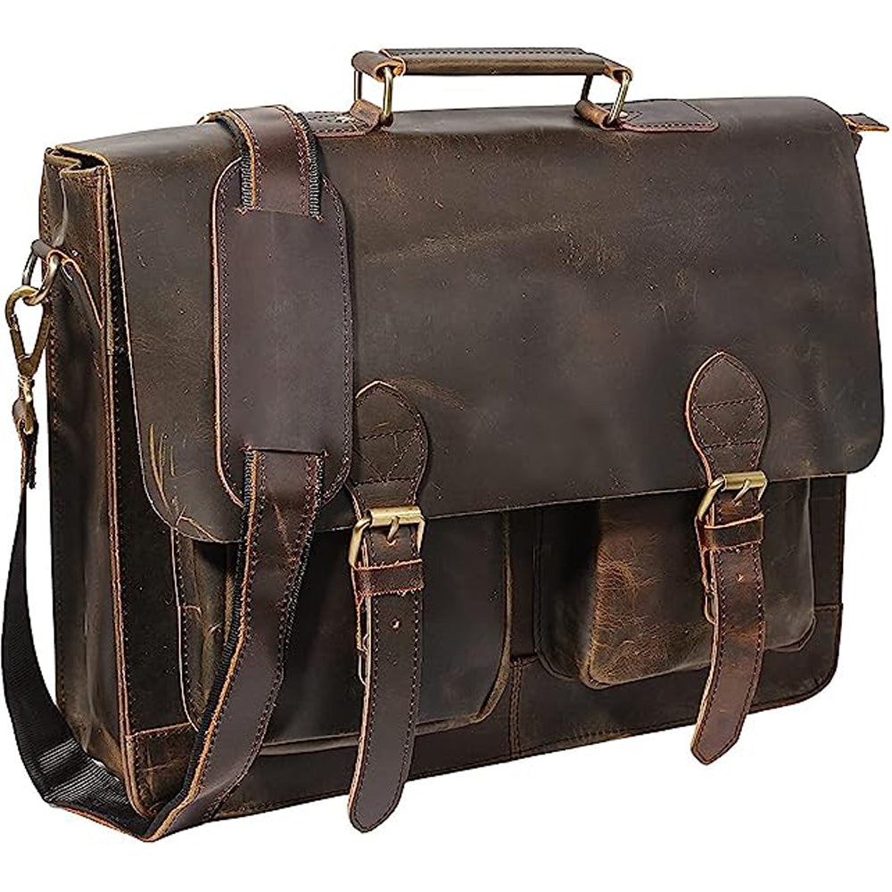 18 inch Retro Buffalo Hunter Leather Laptop Messenger Bag Office Briefcase College Bag (Rich Brown)