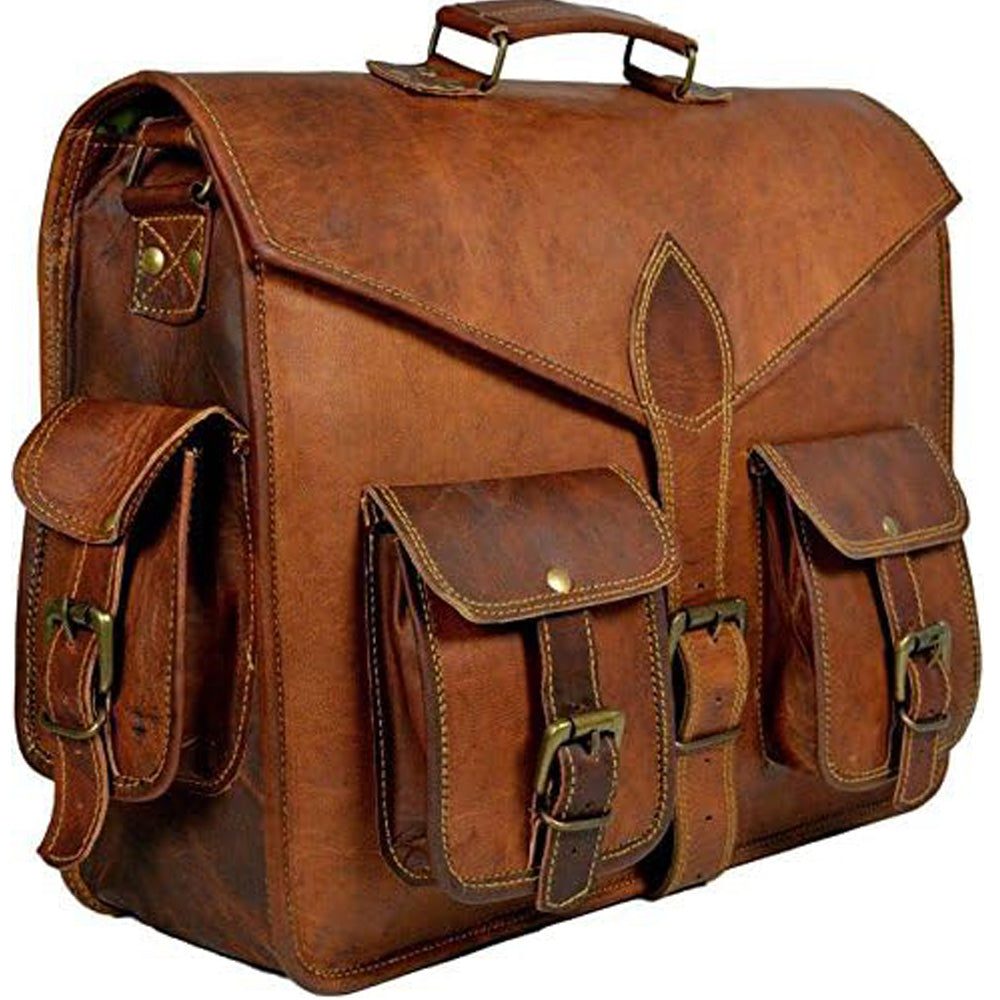 18 Inch Handmade Leather Messenger Office Cross body Laptop Briefcase Computer College Satchel Bag for Men and Women